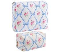 HHQQWZ Quilted Cotton Makeup Bag Travel Cosmetic Bag for Women Girls, Zipper Make Up Pouch, Bow Pattern Toiletry Organizer Makeup, Portable Storage Bag, C2 Two Pack: Blue Bowknot