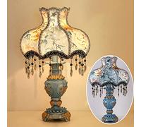 HHRLCH Retro Table Lamp Victorian Resin Desk Lamp with Fabric Shade European Romantic Crystal Nightstand Lamp for Bedroom Living Room Office Study P