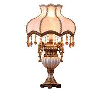 HHRLCH Retro Table Lamp Victorian Resin Desk Lamp with Fabric Shade European Romantic Crystal Nightstand Lamp for Bedroom Living Room Office Study P
