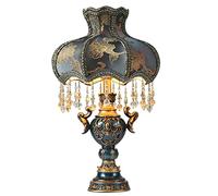 HHRLCH Retro Table Lamp Victorian Resin Desk Lamp with Fabric Shade European Romantic Crystal Nightstand Lamp for Bedroom Living Room Office Study P