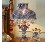 HHRLCH Retro Table Lamp Victorian Resin Desk Lamp with Fabric Shade European Romantic Crystal Nightstand Lamp for Bedroom Living Room Office Study P