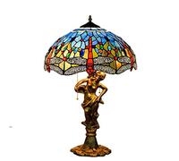 HHRLCH Table Lamp,16 Inch Stained Glass Shade Bedside Lamp,3 Lights Blue Dragonfly Desk Lamp for Living Room Bedroom,Mermaid Base,Pull Chain