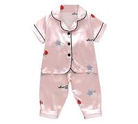hhsbeauty Toddler Kids Baby Boys Girls Satin Short Sleeve Button Down Shirt Tops + Long Pants Silk Pajamas Sleepwear Outfits Loungewear Set Summer Pajamas for Baby Girl (A1-Pink, 2-3 Years)