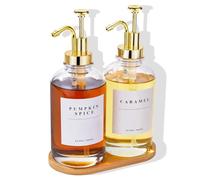 HHSME Coffee Syrup Dispenser for Coffee Bar, Coffee Syrup Pump Dispenser, Glass Syrup Bottle with Gold Upgraded Pump, 2 Pack 16.9 oz 500 ml Syrup Dispensers, 28 Labels and Bamboo Tray