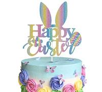 HHYMX Happy Easter Glitter Cake Topper, Bunny Ears, Easter Egg Decor, Multi-colored, 12 Pieces
