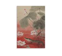 HHYXMJLL A Crocodile Lurking at The Bottom of A Red Lotus Pond, Only Eyes And Back Scales Exposed, Petals Floating on The Water Stylish Wall Hanging Art - Decorative Poster Mural16x24inch(40x60cm)