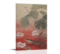 HHYXMJLL A Crocodile Lurking at The Bottom of A Red Lotus Pond, Only Eyes And Back Scales Exposed, Petals Floating on The Water Stylish Wall Hanging Art - Decorative Poster Mural16x24inch(40x60cm)