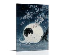 HHYXMJLL A Nine-tailed Fox Curls Under The Full Moon, Its Fluffy Tail Glowing Faintly, with Cherry Blossoms Floating Around Stylish Wall Hanging Art - Decorative Poster Mural16x24inch(40x60cm)