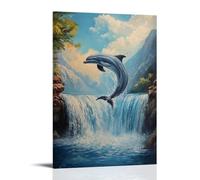 HHYXMJLL Animal Oil Painting- A Dolphin Leaping from A Waterfall Into Canyon Rapids in A Cliff Diving Stunt Stylish Wall Hanging Art - Decorative Poster Mural16x24inch(40x60cm)