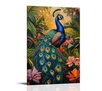 HHYXMJLL Animal Oil Painting - Colorful Peacock Displaying Iridescent Feathers in Lush Garden Setting Stylish Wall Hanging Art - Decorative Poster Mural16x24inch(40x60cm)