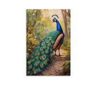 HHYXMJLL Animal Oil Painting - Colorful Peacock Displaying Vibrant Feathers in Botanical Garden Stylish Wall Hanging Art - Decorative Poster Mural08x12inch(20x30cm)