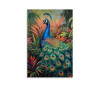 HHYXMJLL Animal Oil Painting - Colorful Peacock Displaying Vibrant Feathers in Lush Garden Setting Stylish Wall Hanging Art - Decorative Poster Mural24x36inch(60x90cm)