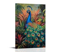 HHYXMJLL Animal Oil Painting - Colorful Peacock Displaying Vibrant Feathers in Lush Garden Setting Stylish Wall Hanging Art - Decorative Poster Mural16x24inch(40x60cm)