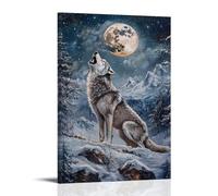 HHYXMJLL Animal Oil Painting - Fierce Wolf Howling at Full Moon in Snow-Covered Mountain Landscape Stylish Wall Hanging Art - Decorative Poster Mural24x36inch(60x90cm)