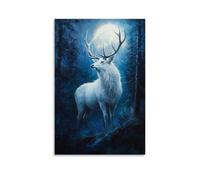 HHYXMJLL Animal Oil Painting - Graceful White Stag Standing in Moonlit Forest, Antlers Glowing with Ethereal Light Stylish Wall Hanging Art - Decorative Poster Mural20x30inch(50x75cm)
