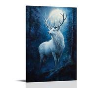 HHYXMJLL Animal Oil Painting - Graceful White Stag Standing in Moonlit Forest, Antlers Glowing with Ethereal Light Stylish Wall Hanging Art - Decorative Poster Mural08x12inch(20x30cm)