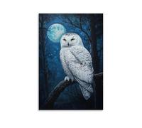 HHYXMJLL Animal Oil Painting - Mystical Snow Owl Perched on Moonlit Branch with Feathers Glowing in The Dark Stylish Wall Hanging Art - Decorative Poster Mural20x30inch(50x75cm)