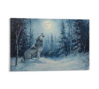 HHYXMJLL Animal Oil Painting - Mystical Wolf Howling at Full Moon in Snowy Forest with Ethereal Blue Tones Stylish Wall Hanging Art - Decorative Poster Mural12x18inch(30x45cm)