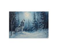HHYXMJLL Animal Oil Painting - Mystical Wolf Howling at Full Moon in Snowy Forest with Ethereal Blue Tones Stylish Wall Hanging Art - Decorative Poster Mural24x36inch(60x90cm)