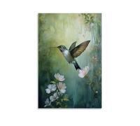 HHYXMJLL Animal Oil Painting of A Hummingbird Diving with Precision Into Flowering Cliffs, Captured Against A Misted Spring Green. Stylish Wall Hanging Art - Decorative Poster Mural08x12inch(20x30cm)