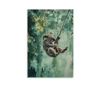 HHYXMJLL Animal Oil Painting of A Koala Navigating Canopy Ziplines, Paws Spread Against A Pastel Rainforest Green Canvas. Stylish Wall Hanging Art - Decorative Poster Mural24x36inch(60x90cm)