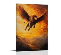 HHYXMJLL Animal Oil Painting of A Lion Wingsuit Flying over Golden Valleys, Mane Trailing Against A Fiery Dawn Sky. Stylish Wall Hanging Art - Decorative Poster Mural16x24inch(40x60cm)