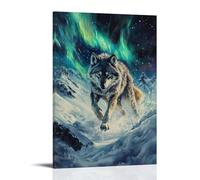 HHYXMJLL Animal Oil Painting of A Wolf Carving Arcs through Glacial Powder, Leaping Under Aurora-filled Icy Skies. Stylish Wall Hanging Art - Decorative Poster Mural12x18inch(30x45cm)
