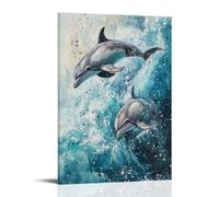 HHYXMJLL Animal Oil Painting - Playful Dolphins Dancing in Turquoise Waves, Capturing The Joy of Ocean Life Stylish Wall Hanging Art - Decorative Poster Mural24x36inch(60x90cm)