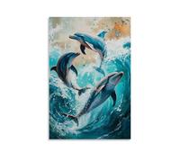 HHYXMJLL Animal Oil Painting - Playful Dolphins Dancing Through Turquoise Waves, Capturing The Joy of Ocean Life Stylish Wall Hanging Art - Decorative Poster Mural24x36inch(60x90cm)