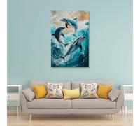 HHYXMJLL Animal Oil Painting - Playful Dolphins Dancing Through Turquoise Waves, Capturing The Joy of Ocean Life Stylish Wall Hanging Art - Decorative Poster Mural12x18inch(30x45cm)