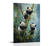 HHYXMJLL Animal Oil Painting - Playful Panda Cubs Tumbling Among Bamboo Shoots in Misty Mountain Forest Stylish Wall Hanging Art - Decorative Poster Mural24x36inch(60x90cm)