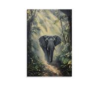HHYXMJLL Animal Oil Painting - Wise Old Elephant Walking Through Misty Jungle with Sunbeams Filtering Through Leaves Stylish Wall Hanging Art - Decorative Poster Mural20x30inch(50x75cm)