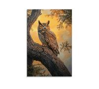 HHYXMJLL Animal Oil Painting - Wise Old Owl Perched on Ancient Oak in Twilight Glow Stylish Wall Hanging Art - Decorative Poster Mural12x18inch(30x45cm)