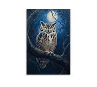 HHYXMJLL Animal Oil Painting - Wise Old Owl Perched on Moonlit Branch, Golden Eyes Glowing in The Dark Forest Stylish Wall Hanging Art - Decorative Poster Mural24x36inch(60x90cm)
