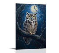 HHYXMJLL Animal Oil Painting - Wise Old Owl Perched on Moonlit Branch, Golden Eyes Glowing in The Dark Forest Stylish Wall Hanging Art - Decorative Poster Mural12x18inch(30x45cm)