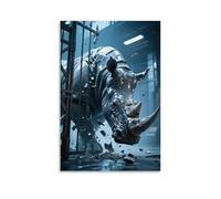 HHYXMJLL Animal Poster, A Mechanical Rhino Crashes Into An Iron Gate, Its Metal Skin Glowing Cold Stylish Wall Hanging Art - Decorative Poster Mural12x18inch(30x45cm)