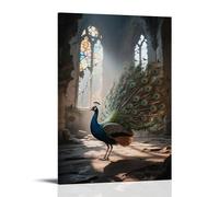 HHYXMJLL Animal Poster, A Peacock Spreads Its Tail in A Ruined Church, Tail Feathers Reflecting Stained Glass Stylish Wall Hanging Art - Decorative Poster Mural12x18inch(30x45cm)