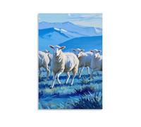 HHYXMJLL Animal Poster Featuring A Herd of Sheep Running Across Grass Field with Mountains in Background Stylish Wall Hanging Art - Decorative Poster Mural08x12inch(20x30cm)