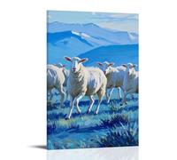 HHYXMJLL Animal Poster Featuring A Herd of Sheep Running Across Grass Field with Mountains in Background Stylish Wall Hanging Art - Decorative Poster Mural08x12inch(20x30cm)
