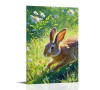 HHYXMJLL Animal Poster Featuring Bunny Running through Green Grass with Wildflowers Stylish Wall Hanging Art - Decorative Poster Mural24x36inch(60x90cm)