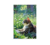 HHYXMJLL Animal Poster of A Cat Laying in Grass And Flowers with Trees behind Stylish Wall Hanging Art - Decorative Poster Mural08x12inch(20x30cm)