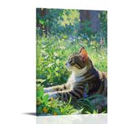 HHYXMJLL Animal Poster of A Cat Laying in Grass And Flowers with Trees behind Stylish Wall Hanging Art - Decorative Poster Mural16x24inch(40x60cm)