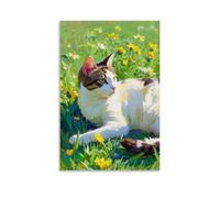 HHYXMJLL Animal Poster of A White And Grey Cat Sitting in The Grass Stylish Wall Hanging Art - Decorative Poster Mural08x12inch(20x30cm)