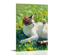 HHYXMJLL Animal Poster of A White And Grey Cat Sitting in The Grass Stylish Wall Hanging Art - Decorative Poster Mural08x12inch(20x30cm)