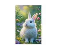HHYXMJLL Animal Poster of A White Rabbit Walking on The Grass Surrounded by Daisies Stylish Wall Hanging Art - Decorative Poster Mural08x12inch(20x30cm)