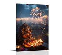 HHYXMJLL On A City Rooftop, Ganesha Blesses A Small Shrine Lit by Tea Candles As Firecrackers Bloom in The Sky. Stylish Wall Hanging Art - Decorative Poster Mural16x24inch(40x60cm)