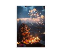 HHYXMJLL On A City Rooftop, Ganesha Blesses A Small Shrine Lit by Tea Candles As Firecrackers Bloom in The Sky. Stylish Wall Hanging Art - Decorative Poster Mural20x30inch(50x75cm)
