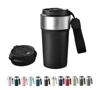 HHZalvyre Insulated Travel Mug 510ml, Leakproof Stainless Steel Thermal Coffee Cup with Carry Strap, 3 Drinking Modes, Keeps Hot/Cold for Hours, Car Office Commute Mug, Gift Idea (Black)