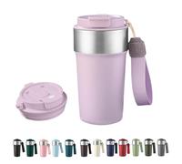 HHZalvyre Insulated Travel Mug 510ml, Leakproof Stainless Steel Thermal Coffee Cup with Carry Strap, 3 Drinking Modes, Keeps Hot/Cold for Hours, Car Office Commute Mug, Gift Idea (Light Purple)