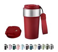 HHZalvyre Insulated Travel Mug 510ml, Leakproof Stainless Steel Thermal Coffee Cup with Carry Strap, 3 Drinking Modes, Keeps Hot/Cold for Hours, Car Office Commute Mug, Gift Idea (Red)